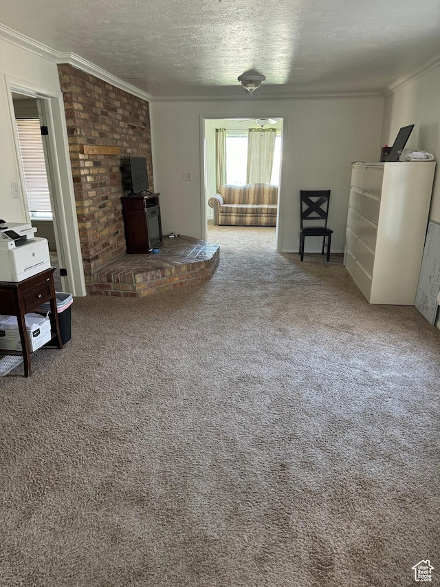 55 W Main St, Grantsville, UT 84029 - living room with ornamental molding, carpet, a textured ceiling, and a wood stove