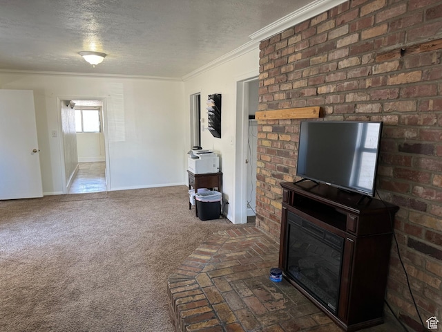 55 W Main St, Grantsville, UT 84029 - carpeted living area featuring baseboards, crown molding, a glass covered fireplace, and a textured ceiling