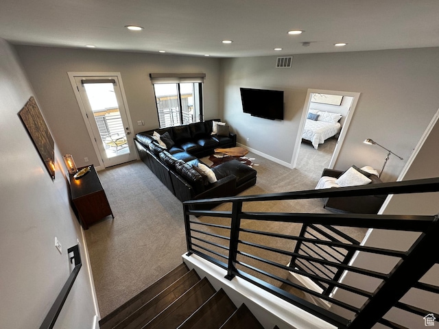 818 E Miner Way Unit 34, Hideout, UT 84036 - stairway featuring baseboards, visible vents, carpet, and recessed lighting