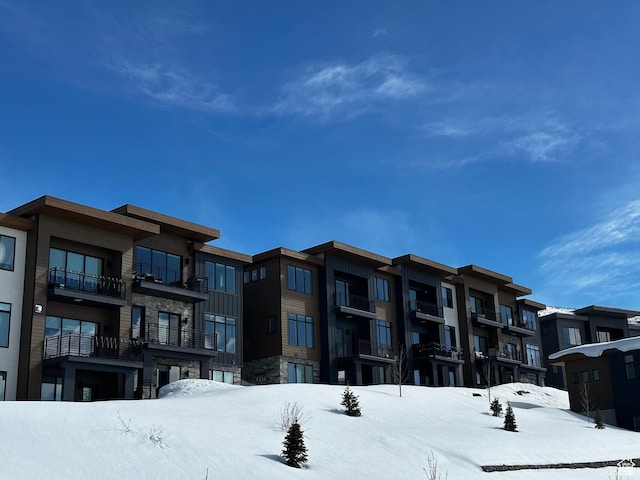 view of snow covered building