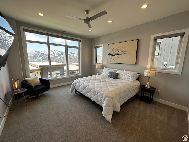 818 E Miner Way Unit 34, Hideout, UT 84036 - carpeted bedroom with a mountain view, baseboards, recessed lighting, and a ceiling fan