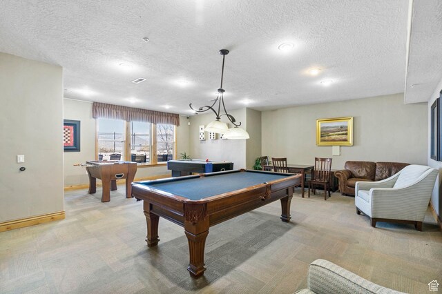 141 E Cottage Cv, Saratoga Springs, UT 84045 - recreation room featuring light carpet, baseboards, pool table, and a textured ceiling