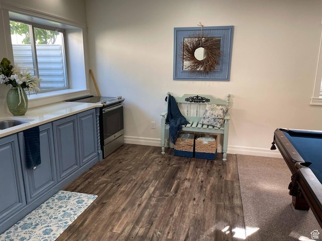 958 S Bridgecreek Ln, Layton, UT 84041 - interior space with stainless steel electric range oven, baseboards, pool table, and dark wood-type flooring