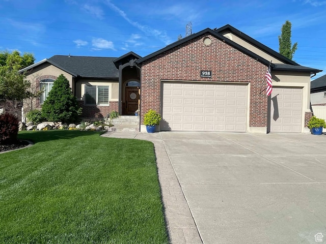 958 S Bridgecreek Ln, Layton, UT 84041 - ranch-style home with concrete driveway, brick siding, a front yard, and a garage