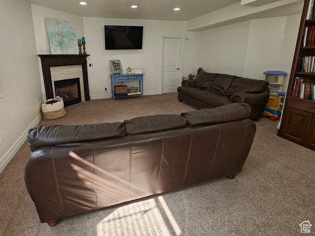 958 S Bridgecreek Ln, Layton, UT 84041 - living room featuring carpet floors, recessed lighting, baseboards, and a fireplace