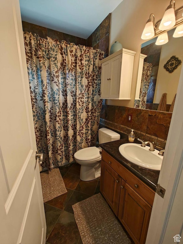 958 S Bridgecreek Ln, Layton, UT 84041 - bathroom with vanity, decorative backsplash, toilet, and a shower with curtain