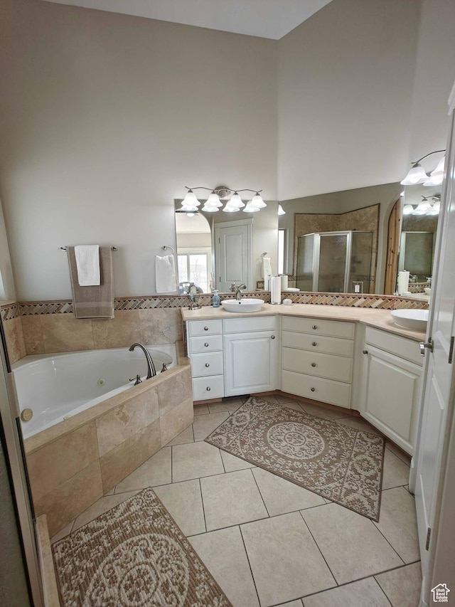 958 S Bridgecreek Ln, Layton, UT 84041 - full bath with vanity, tile patterned flooring, a towering ceiling, a jetted tub, and a shower stall