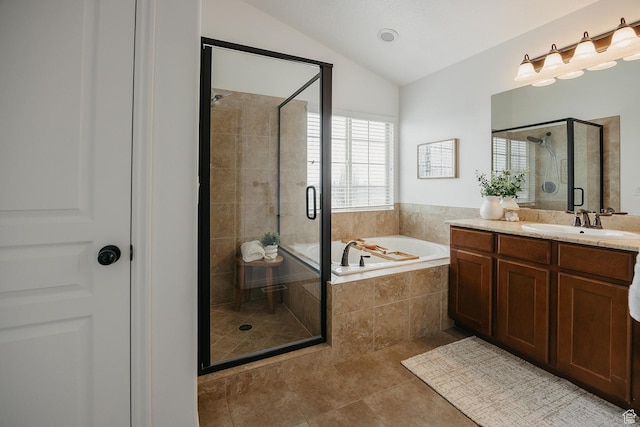 352 S 2000 E, Spanish Fork, UT 84660 - bathroom featuring a bath, tile patterned floors, vanity, a stall shower, and vaulted ceiling