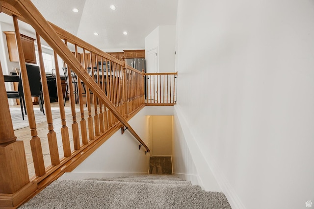 352 S 2000 E, Spanish Fork, UT 84660 - staircase with baseboards, recessed lighting, a towering ceiling, and carpet