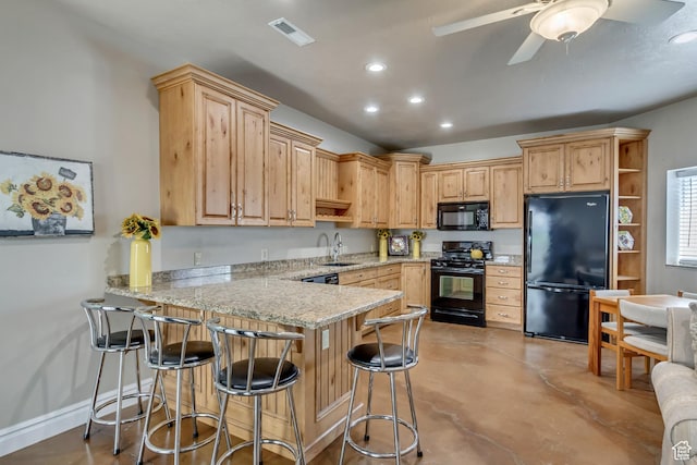 496 E Spruce Glen Rd, Murray, UT 84107 - kitchen with black appliances, a sink, open shelves, a peninsula, and recessed lighting