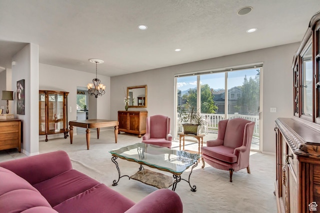 496 E Spruce Glen Rd, Murray, UT 84107 - living area with light carpet, a chandelier, recessed lighting, and baseboards