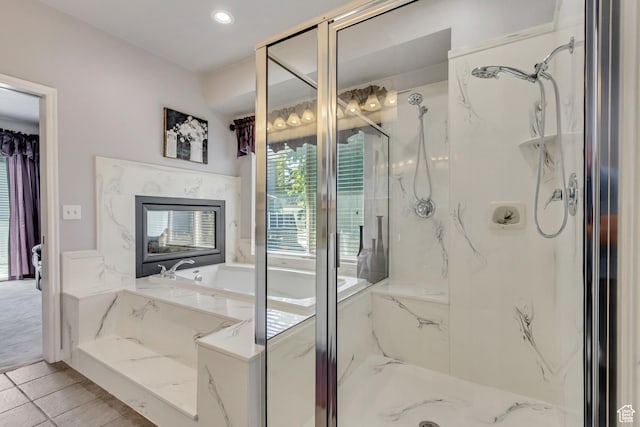 496 E Spruce Glen Rd, Murray, UT 84107 - bathroom featuring a marble finish shower, a garden tub, and recessed lighting