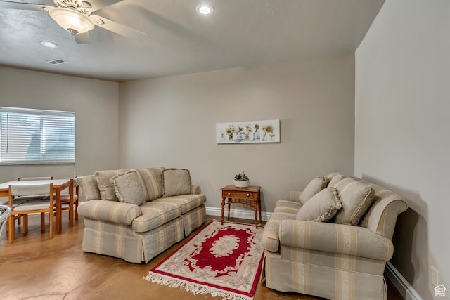 496 E Spruce Glen Rd, Murray, UT 84107 - living room featuring concrete flooring, recessed lighting, and a ceiling fan