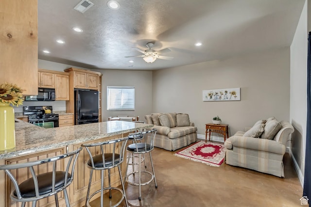 496 E Spruce Glen Rd, Murray, UT 84107 - kitchen with black appliances, ceiling fan, a peninsula, open floor plan, and recessed lighting