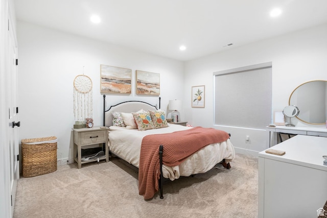 4947 W Evergreen Ln, Highland, UT 84003 - bedroom with visible vents, light colored carpet, and recessed lighting