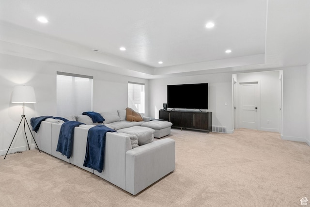 4947 W Evergreen Ln, Highland, UT 84003 - living room featuring recessed lighting, light colored carpet, and visible vents