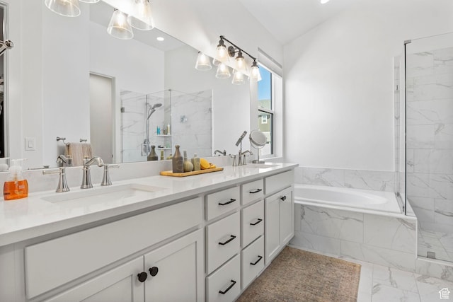 4947 W Evergreen Ln, Highland, UT 84003 - full bath with a bath, double vanity, marble finish floor, a marble finish shower, and a sink