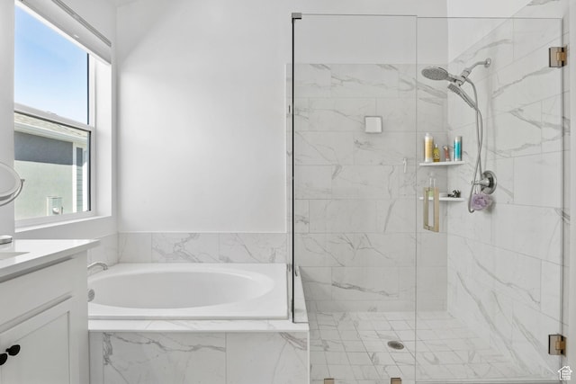 4947 W Evergreen Ln, Highland, UT 84003 - full bathroom featuring vanity, a marble finish shower, and a bath