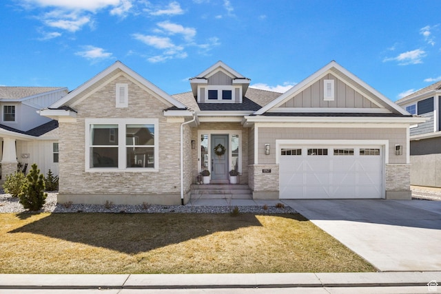4947 W Evergreen Ln, Highland, UT 84003 - craftsman house with stone siding, an attached garage, a front lawn, board and batten siding, and driveway