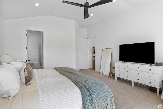 4947 W Evergreen Ln, Highland, UT 84003 - bedroom with carpet, connected bathroom, recessed lighting, a ceiling fan, and vaulted ceiling