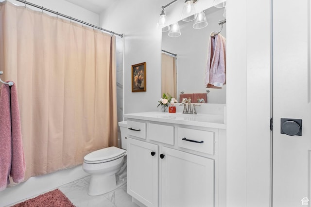 4947 W Evergreen Ln, Highland, UT 84003 - full bathroom with marble finish floor, toilet, vanity, and shower / bathtub combination with curtain