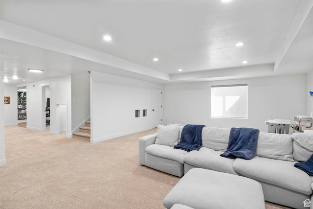 4947 W Evergreen Ln, Highland, UT 84003 - living area featuring light carpet, baseboards, recessed lighting, and stairway