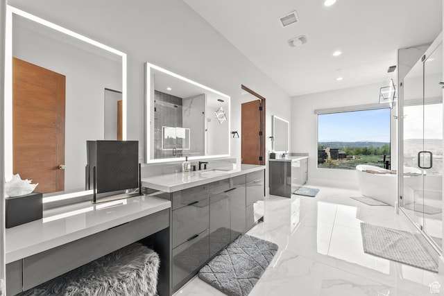 7290 Foxglove Ct, Park City, UT 84098 - full bath with marble finish floor, visible vents, a shower stall, and two vanities