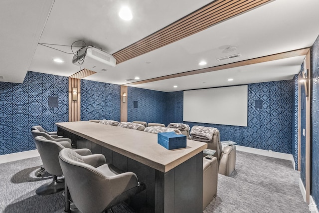 7290 Foxglove Ct, Park City, UT 84098 - carpeted cinema featuring baseboards, visible vents, wallpapered walls, and recessed lighting