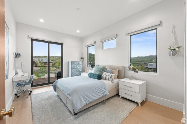 7290 Foxglove Ct, Park City, UT 84098 - bedroom featuring baseboards, access to exterior, light wood-style flooring, and recessed lighting