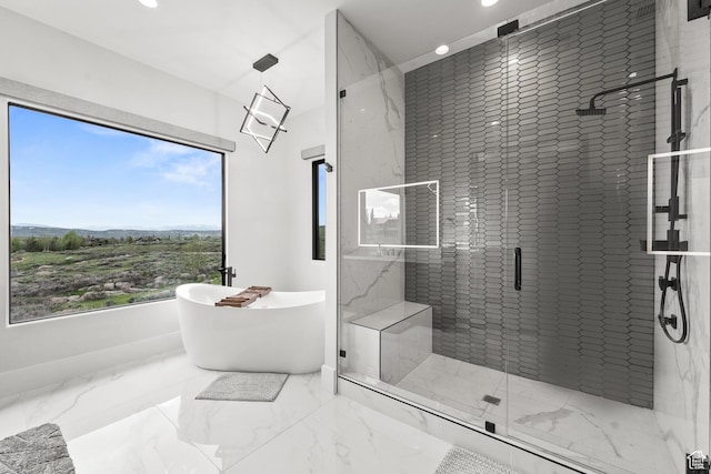 7290 Foxglove Ct, Park City, UT 84098 - bathroom with a stall shower, a freestanding bath, marble finish floor, and recessed lighting