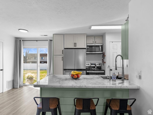 1929 W 680 N, Pleasant Grove, UT 84062 - kitchen featuring a peninsula, light wood finished floors, a breakfast bar, stainless steel appliances, and gray cabinetry