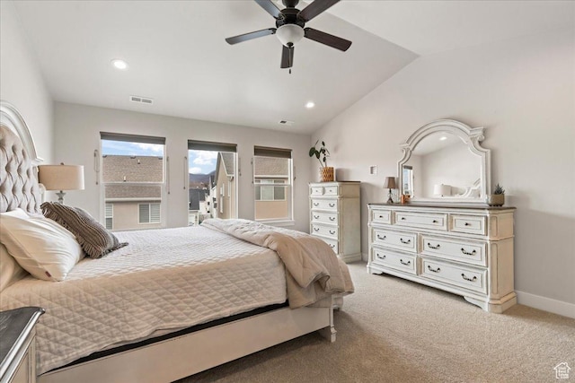 1321 E Daffodil Ct N Unit 155, Layton, UT 84040 - bedroom with lofted ceiling, baseboards, access to exterior, visible vents, and light carpet