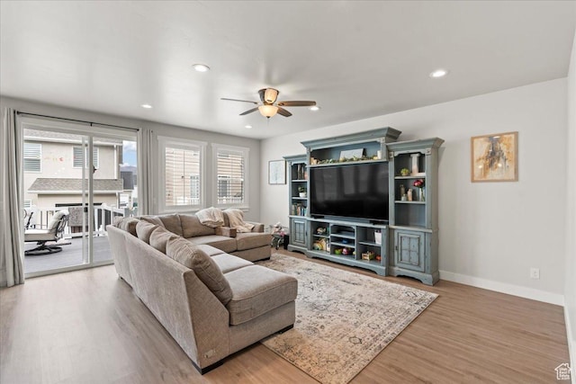 1321 E Daffodil Ct N Unit 155, Layton, UT 84040 - living room with recessed lighting, baseboards, light wood-style floors, and ceiling fan