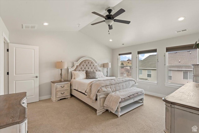1321 E Daffodil Ct N Unit 155, Layton, UT 84040 - bedroom with baseboards, visible vents, vaulted ceiling, and light carpet