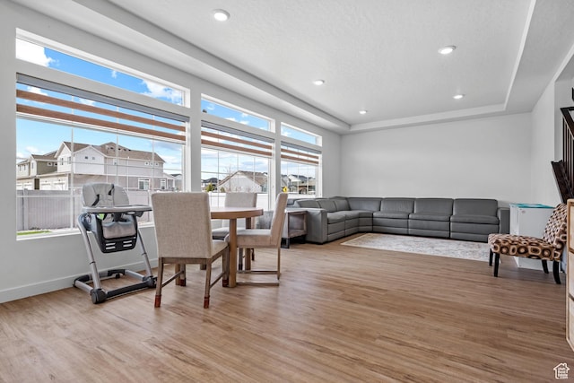 217 S Buckhorn Bath Ave W, Saratoga Springs, UT 84045 - living room featuring baseboards, recessed lighting, a raised ceiling, light wood-type flooring, and a residential view