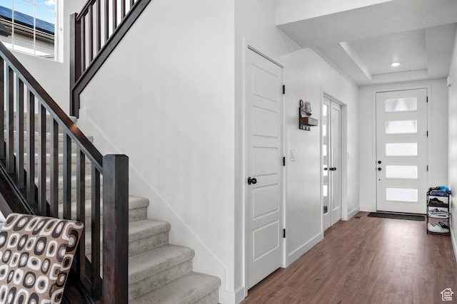 217 S Buckhorn Bath Ave W, Saratoga Springs, UT 84045 - entryway featuring baseboards, stairway, and wood finished floors