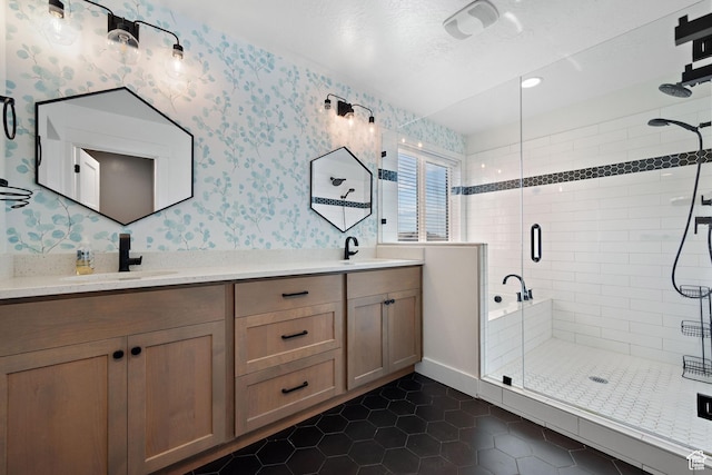1807 S Bridle Path Loop, Lehi, UT 84043 - bathroom featuring double vanity, a stall shower, a sink, wallpapered walls, and tile patterned floors