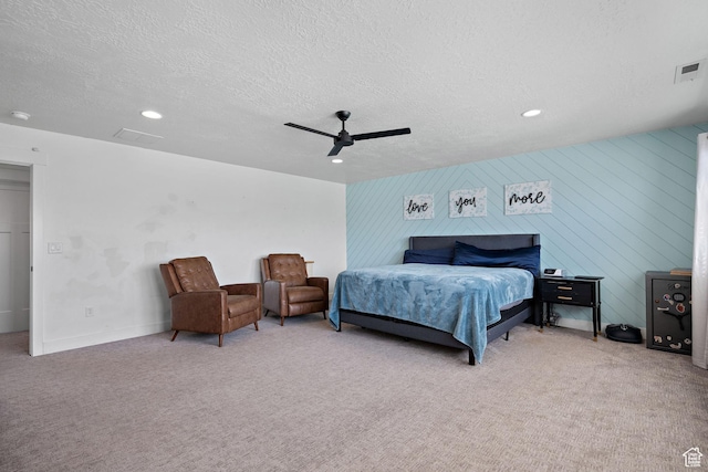 1807 S Bridle Path Loop, Lehi, UT 84043 - bedroom featuring recessed lighting, a textured ceiling, ceiling fan, visible vents, and light colored carpet