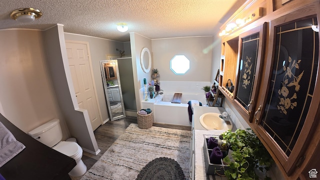 102 W Alta View Way Unit 7, Sandy, UT 84070 - bathroom featuring a textured ceiling, a shower stall, toilet, vanity, and a garden tub