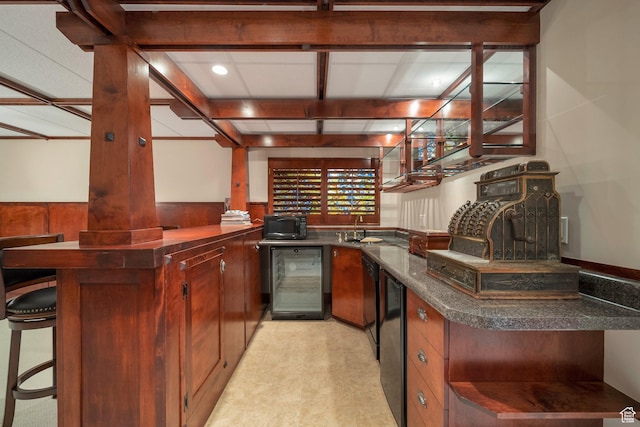 bar featuring wet bar, wine cooler, light floors, black microwave, and wainscoting