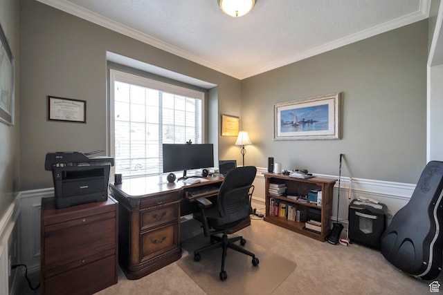 carpeted office space featuring ornamental molding