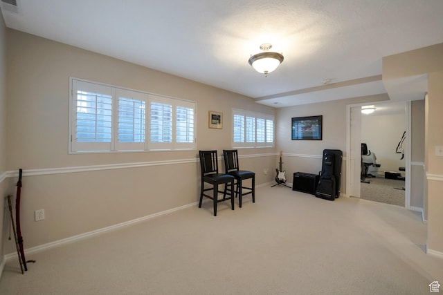 living area featuring baseboards, visible vents, and carpet floors