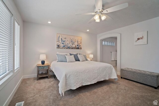 28 E 1400 N, Mapleton, UT 84664 - bedroom featuring visible vents, baseboards, recessed lighting, a ceiling fan, and light colored carpet