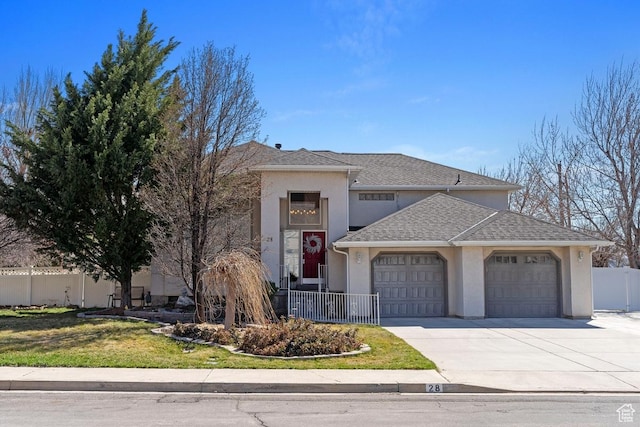 28 E 1400 N, Mapleton, UT 84664 - view of front of property featuring stucco siding, fence, driveway, a garage, and a shingled roof