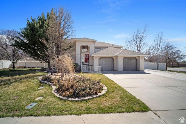 28 E 1400 N, Mapleton, UT 84664 - view of front of home featuring stucco siding, fence, driveway, a front lawn, and a garage