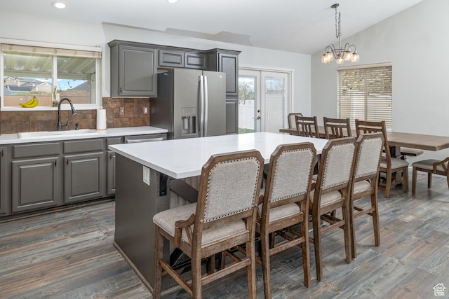 444 E 2720 N, North Logan, UT 84341 - kitchen with gray cabinetry, stainless steel fridge with ice dispenser, a sink, light countertops, and dark wood finished floors