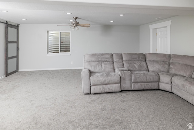 444 E 2720 N, North Logan, UT 84341 - living area featuring a barn door, carpet, recessed lighting, baseboards, and ceiling fan