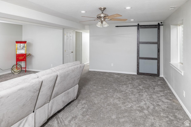 444 E 2720 N, North Logan, UT 84341 - carpeted living room featuring a ceiling fan, recessed lighting, baseboards, and a barn door