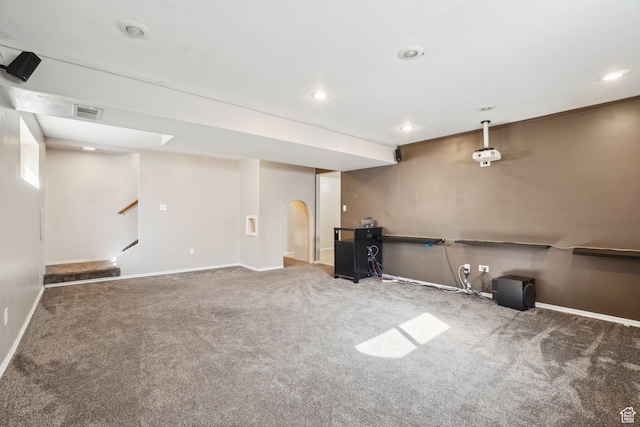 240 W 220 S, Orem, UT 84058 - finished basement featuring recessed lighting, carpet flooring, baseboards, arched walkways, and visible vents