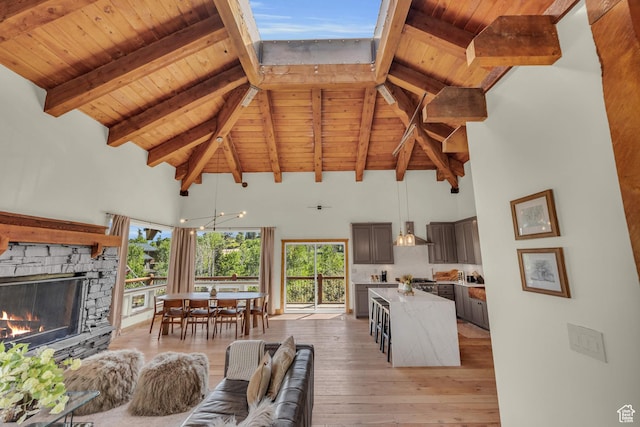 2421 S Navajo Unit Pi-C50, Coalville, UT 84017 - living room featuring high vaulted ceiling, beamed ceiling, light wood finished floors, a fireplace, and wooden ceiling